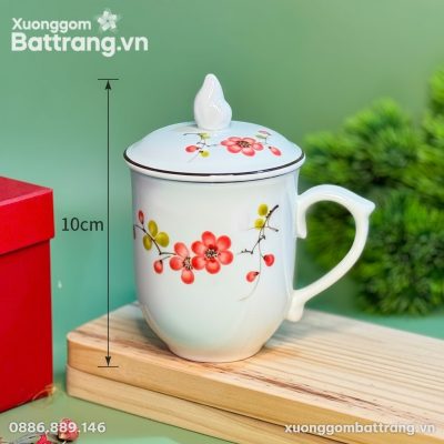 Kích thước Cốc Sứ Có Nắp Họa Tiết Hoa Đào Men Trắng XG-LS04
