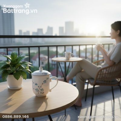 Cốc Sứ Vẽ Đào Xanh đặt trên bàn nhỏ ở ban công ...