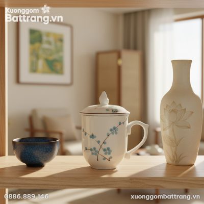 Cận cảnh chiếc Cốc Sứ Vẽ Đào Xanh 10cm với họa ...