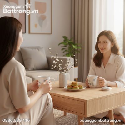 cận cảnh hai chiếc Cốc Sứ Vẽ Đào Xanh và bình h...