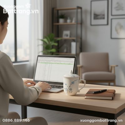 Một chiếc Cốc Sứ Vẽ Đào Xanh đặt trên bàn làm v...