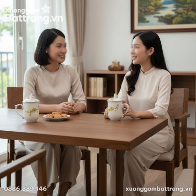 Một chiếc cốc sứ Bát Tràng 10cm với nắp hình ng...