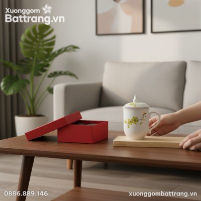 Một chiếc cốc sứ Bát Tràng 10cm với hoa đào xan...