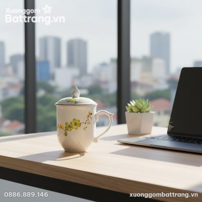 Một chiếc cốc sứ Bát Tràng 10cm với hoa văn hoa...