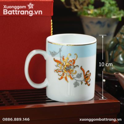 Kích thước Cốc Sứ Quai C Họa Tiết Hoa Cúc Vẽ Vàng XG-LS01
