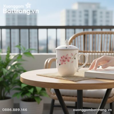 Cốc sứ hoa đào 10cm đặt trên bàn gỗ nhỏ ở ban c...