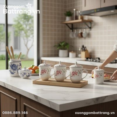 3 chiếc Cốc sứ hoa đào 10cm cùng đặt vào khay g...