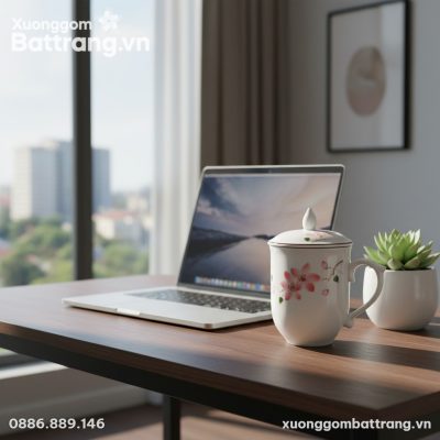 Cốc sứ trắng hoa đào trên bàn làm việc gỗ tối g...