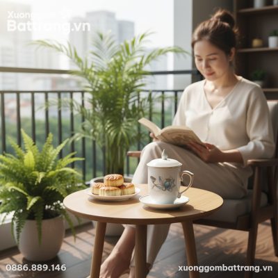 cận cảnh cốc sứ trắng họa tiết hoa sen xanh viề...