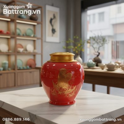 Cận cảnh Hộp Đựng Trà Kim Long men đỏ, đặt trên...