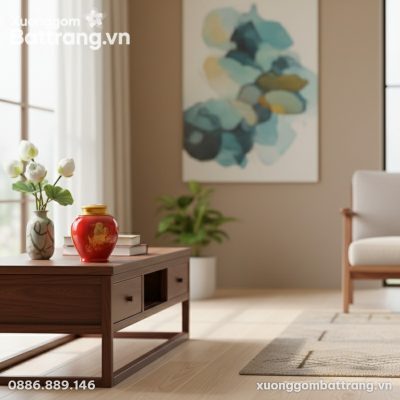 Hộp Đựng Trà Kim Long men đỏ được đặt trang trọ...