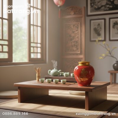 Một không gian thưởng trà Việt Nam hiện đại, ấm...