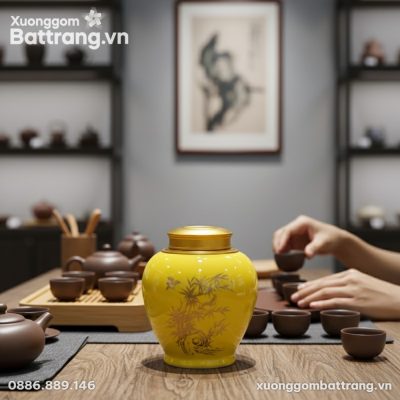 Cận cảnh hộp đựng trà gốm Bát Tràng men vàng vớ...