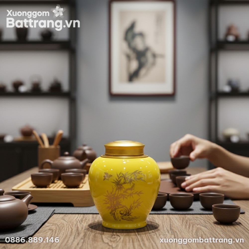 Cận cảnh hộp đựng trà gốm Bát Tràng men vàng vớ...