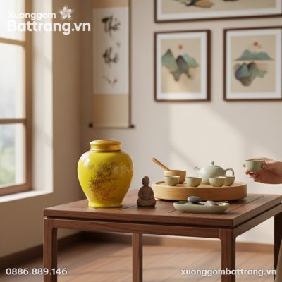Hộp đựng trà gốm Bát Tràng men vàng tinh xảo đặ...