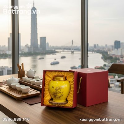 Hộp đựng trà gốm Bát Tràng men vàng nổi bật trê...