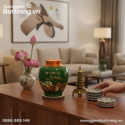 Hũ trà gốm Bát Tràng Mã Đáo Thành Công men xanh...