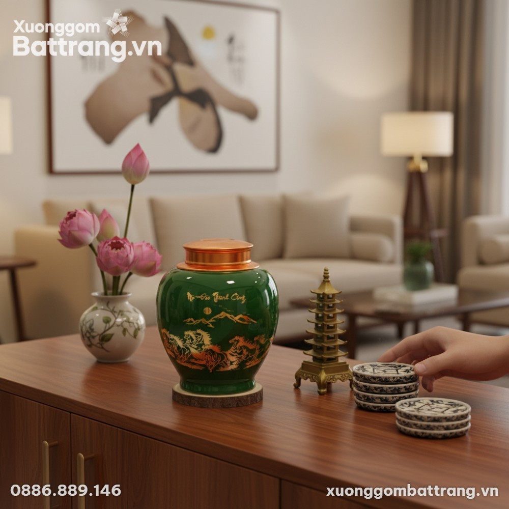 Hũ trà gốm Bát Tràng Mã Đáo Thành Công men xanh...
