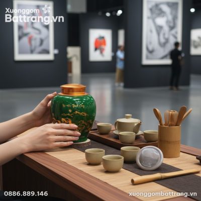 Cận cảnh hũ trà gốm Bát Tràng men xanh ngọc, họ...