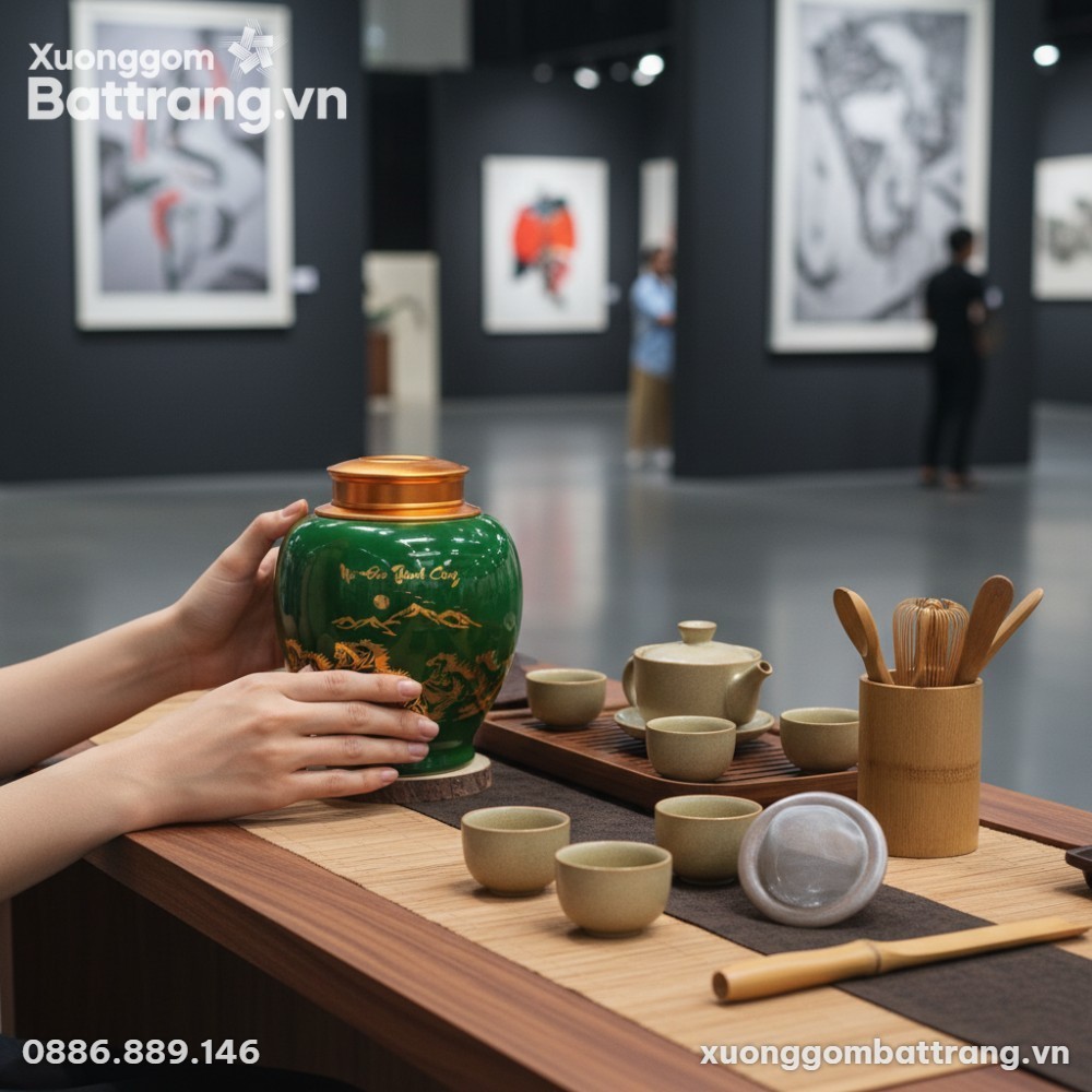 Cận cảnh hũ trà gốm Bát Tràng men xanh ngọc, họ...