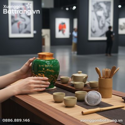 Cận cảnh hũ trà gốm Bát Tràng men xanh ngọc, họ...