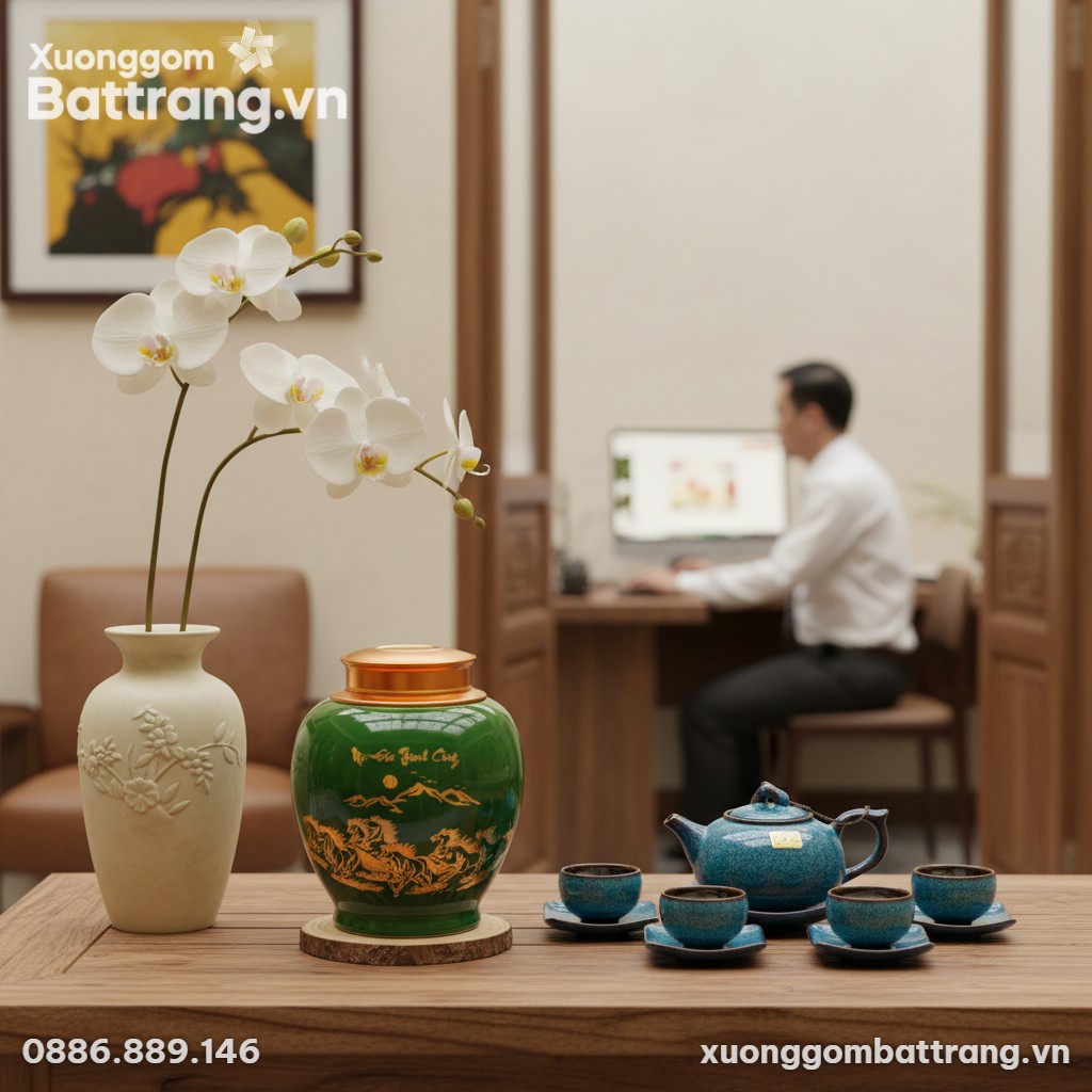 Hũ trà gốm Bát Tràng men xanh ngọc, họa tiết Mã...