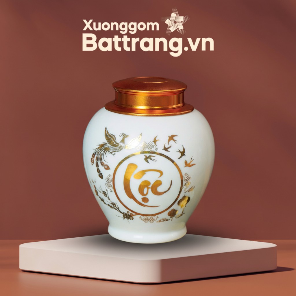 Hũ Trà Sứ Trắng Họa Tiết Chữ Lộc Vẽ Vàng Kim XG-HDT07