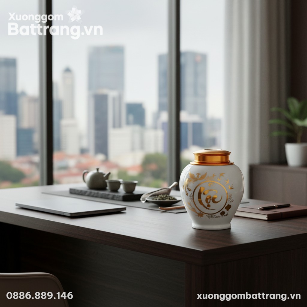 Hũ trà sứ trắng họa tiết Lộc vẽ vàng kim, đặt n...