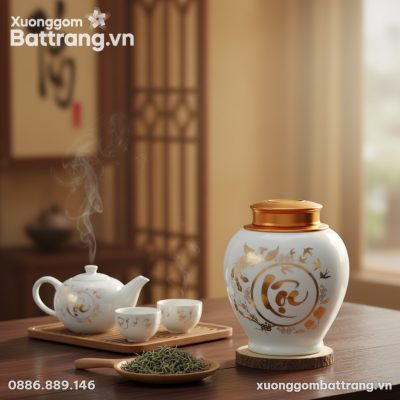 Cận cảnh hũ trà sứ trắng họa tiết Phượng Hoàng,...