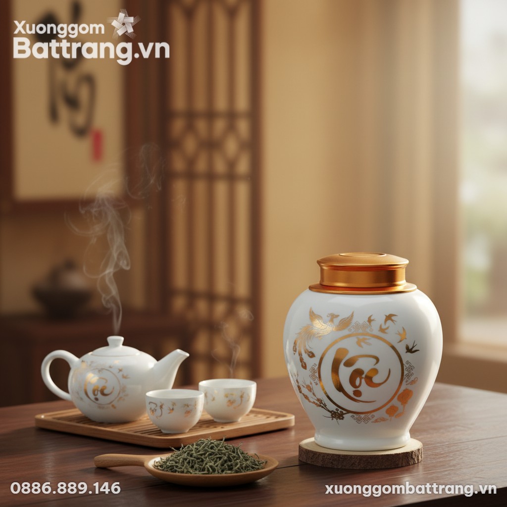 Cận cảnh hũ trà sứ trắng họa tiết Phượng Hoàng,...