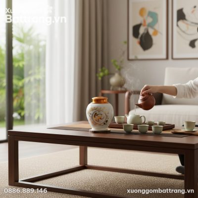 Hũ trà sứ trắng họa tiết Lộc vàng kim đặt trang...