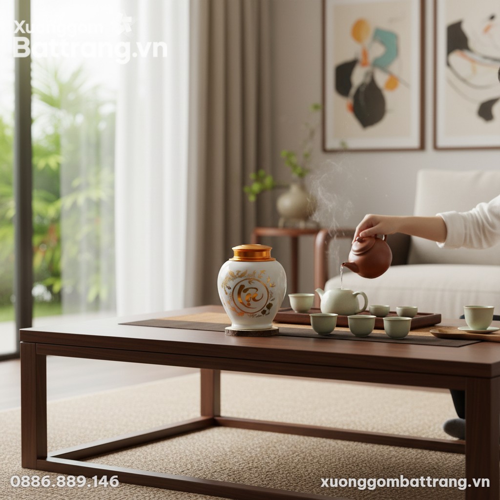 Hũ trà sứ trắng họa tiết Lộc vàng kim đặt trang...
