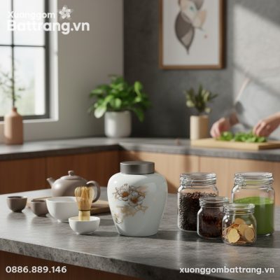 Cận cảnh hũ trà gốm Bát Tràng men matt mịn màng...