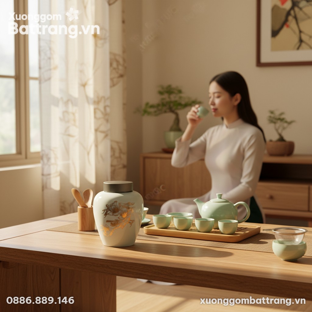 Một hũ trà gốm Bát Tràng vẽ chim hoa vàng kim đ...