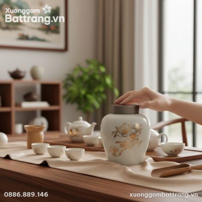 Cận cảnh hũ trà gốm Bát Tràng men matt mịn màng...