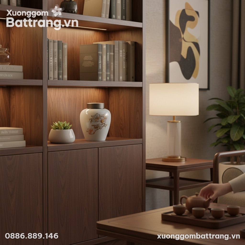 Hũ trà gốm Bát Tràng vẽ chim hoa vàng kim nổi b...