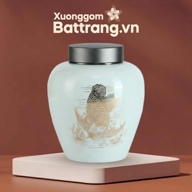 Hũ đựng trà men trắng họa tiết cá kim long vẽ vàng