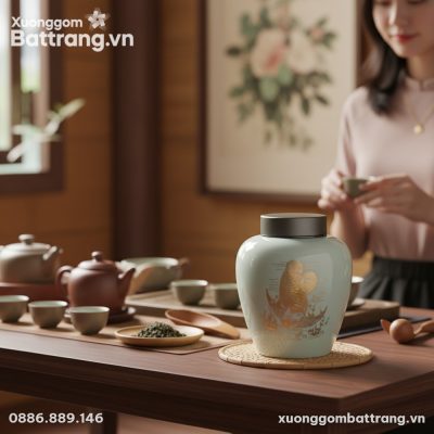 Cận cảnh hũ trà Bát Tràng vẽ vàng được trên bàn...