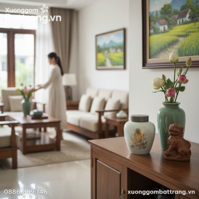 Hũ trà Bát Tràng vẽ vàng đặt trang trọng trên k...