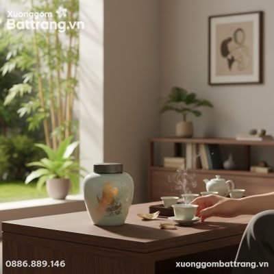 Một hũ trà gốm Bát Tràng họa tiết cá kim long v...