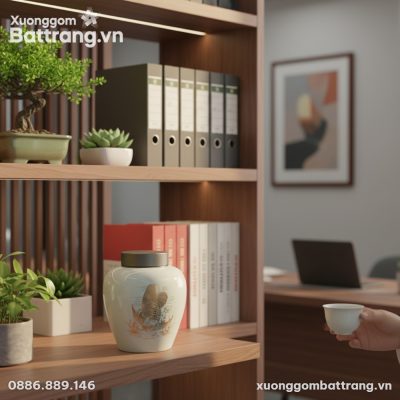 Một hũ trà gốm Bát Tràng họa tiết cá kim long v...