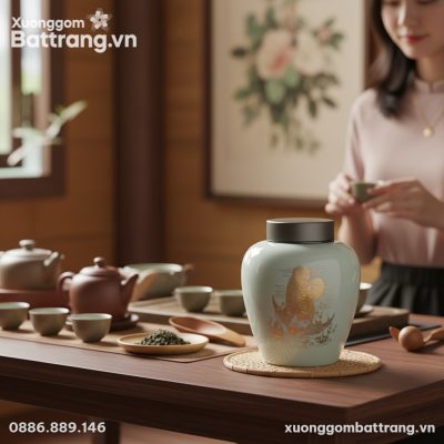 Cận cảnh hũ trà Bát Tràng vẽ vàng được trên bàn...