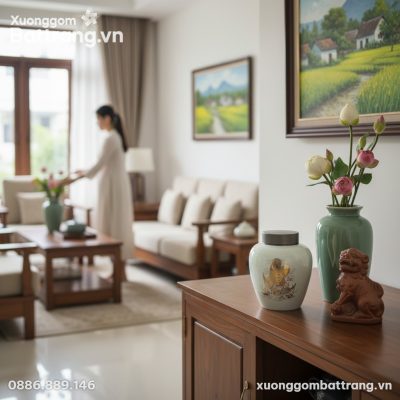 Hũ trà Bát Tràng vẽ vàng đặt trang trọng trên k...