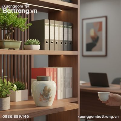 Một hũ trà gốm Bát Tràng họa tiết cá kim long v...