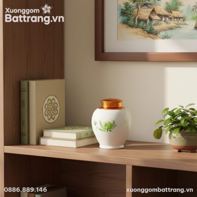 Hũ trà sen xanh nắp vàng đồng đặt trang nhã trê...