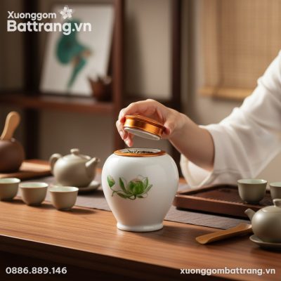 Cận cảnh hũ trà sen xanh nắp vàng đồng được đặt...