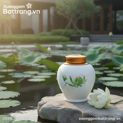 Hũ trà sen xanh nắp vàng đồng thanh thoát đặt t...