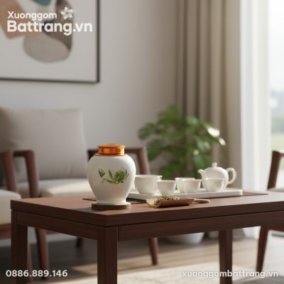 Hũ trà sen xanh nắp vàng đồng tinh xảo đặt trên...