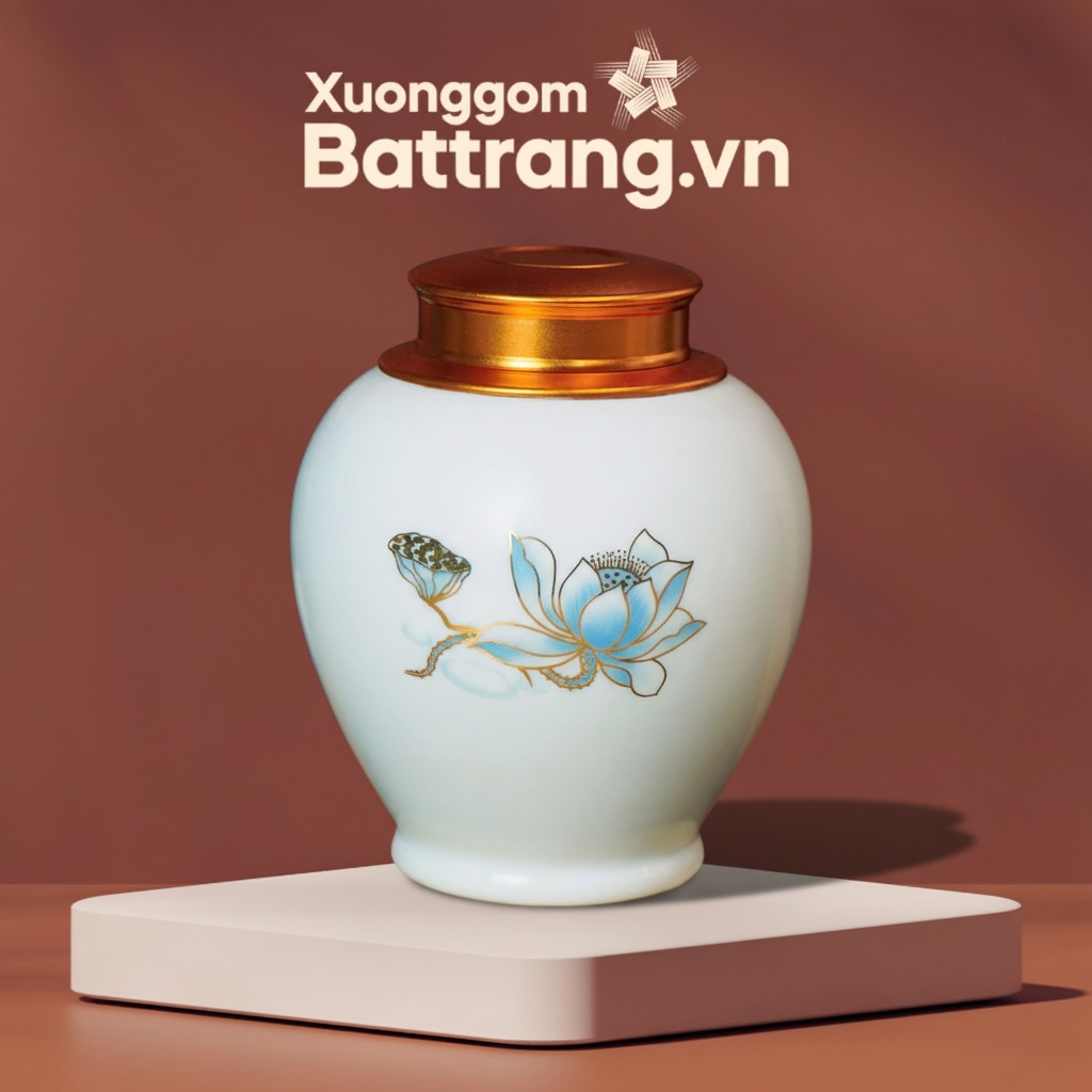 Hũ Đựng Trà Họa Tiết Hoa Sen Xanh Nắp Vàng Đồng XG-HDT08