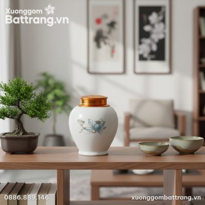 Hũ đựng trà hoa sen xanh tinh xảo đặt trên kệ s...